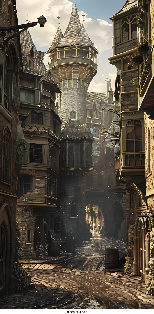 Medieval Fantasy Cityscape with Stone Buildings and Tower