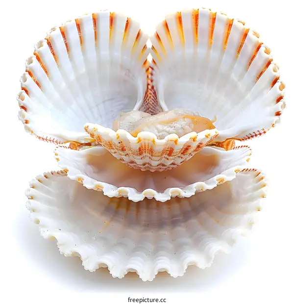 Three Scallop Shells on White Background