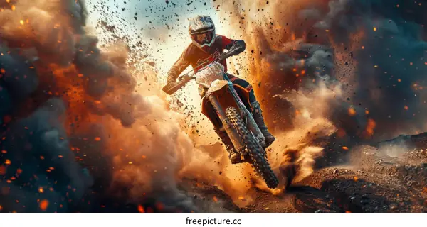 Motocross dirt bike rider jumping over a hill with a huge explosion behind him