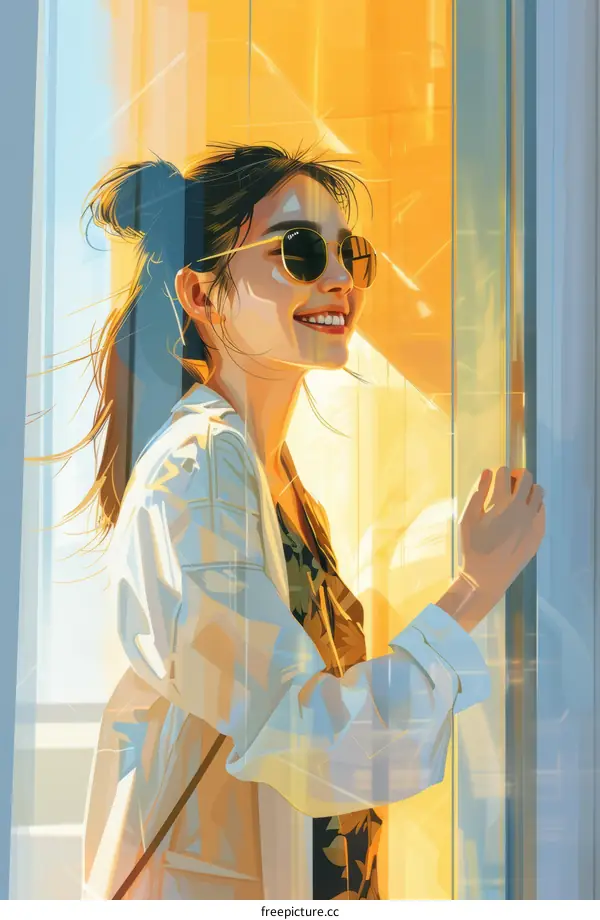 A young woman standing in front of a door and smiling