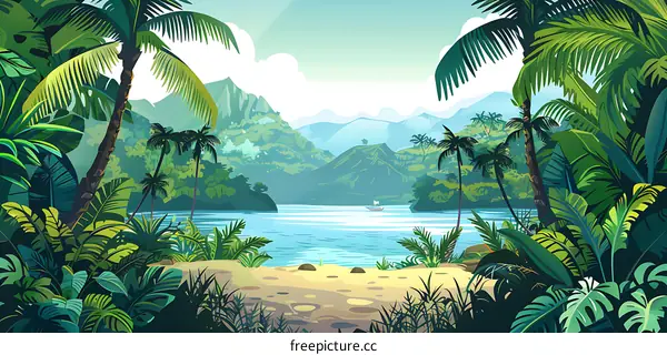 Tropical Paradise Illustration with Lush Greenery and a Calm Ocean