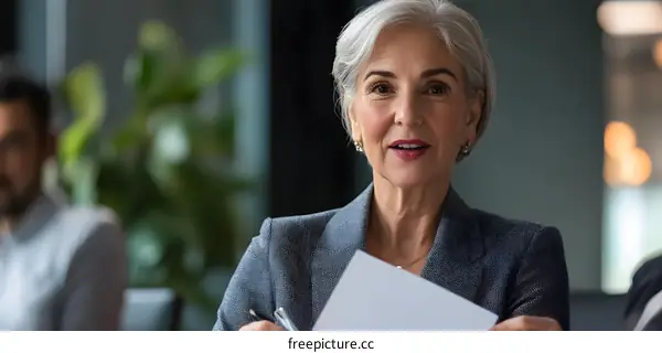 Senior Businesswoman Presenting a Paper Document During a Meeting