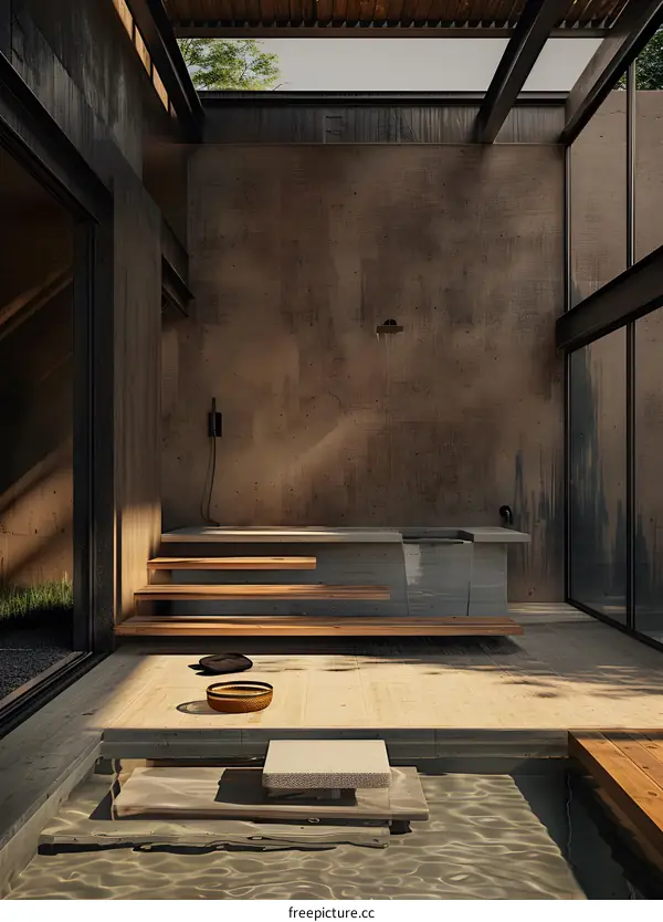 Modern Minimalist Concrete and Wood Bathroom Interior with Small Pool