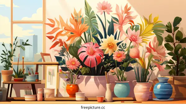 A beautiful painting of a vase of flowers sitting on a table in front of a window