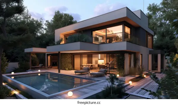 Modern House Exterior with Pool in a Lush Garden