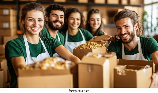 Volunteers Packing Food Goods in Warehouse