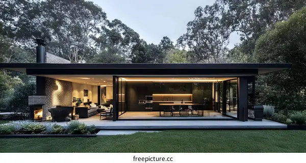 Modern Black Minimalist Home Exterior Design with Large Windows and Fire Pit
