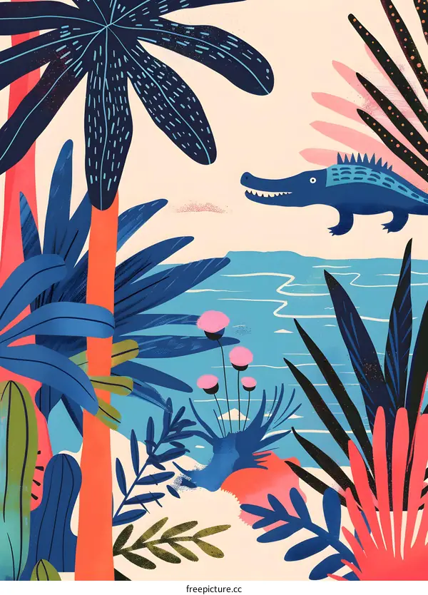Tropical Illustration of Crocodile in Water with Palm Trees and Flowers