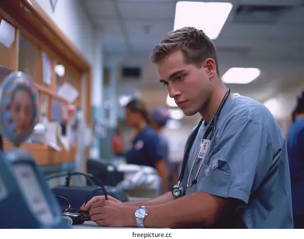 Young male doctor wearing blue scrubs in a hospital setting