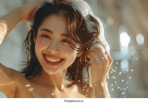 Asian woman washing her hair with shampoo in shower