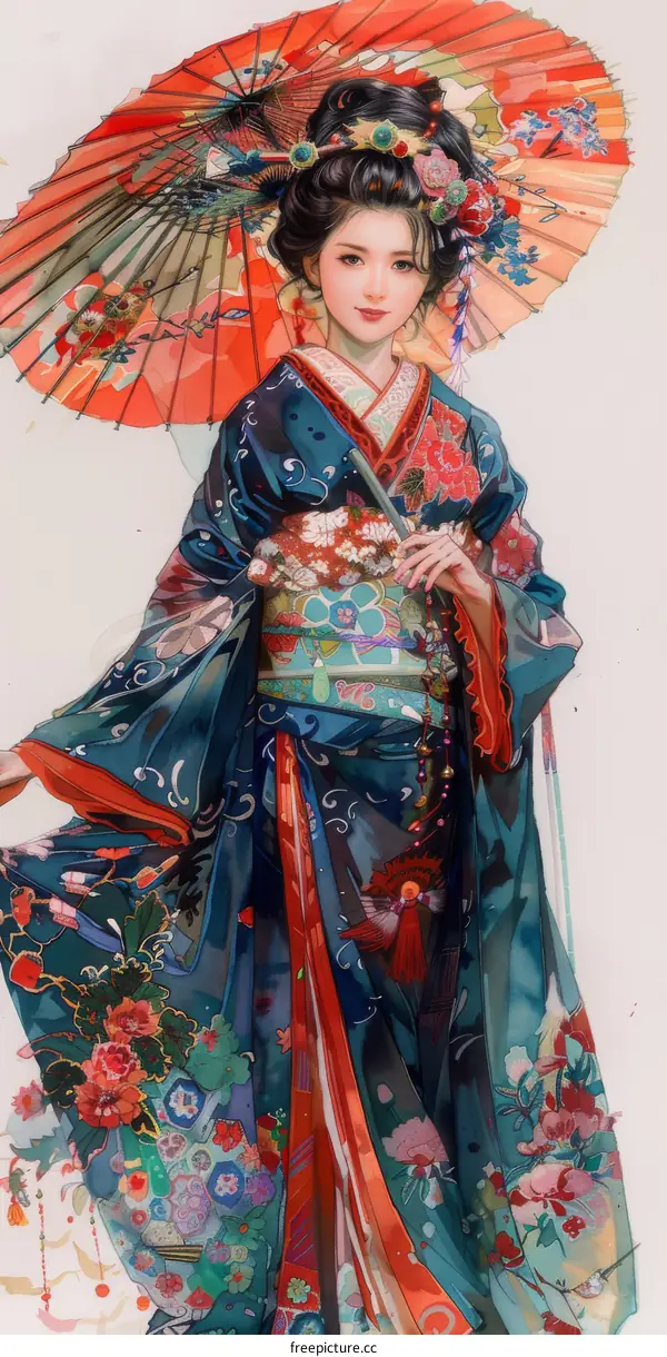A beautiful Japanese woman in a kimono holding a red umbrella
