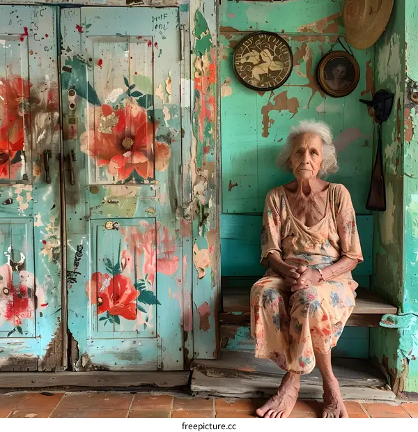 Old Woman Sitting on a Bench in Front of a Door With Floral Designs