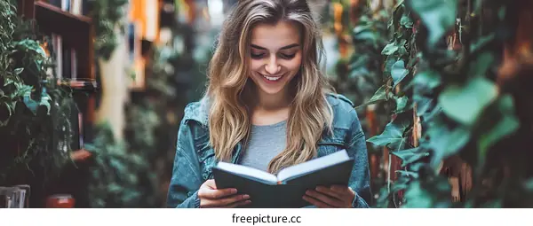 Smiling Woman Reading Book in Green Greenery