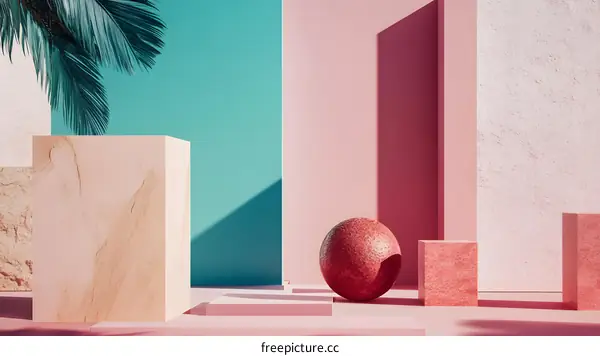 Abstract Minimalist Background with Palm Leaf, Red Sphere and Pink and Turquoise Walls