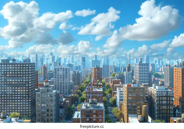 New York City Skyline with Blue Sky and Clouds