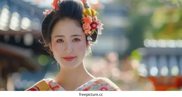 Portrait of a Japanese woman wearing a kimono and traditional hairstyle with flowers in her hair