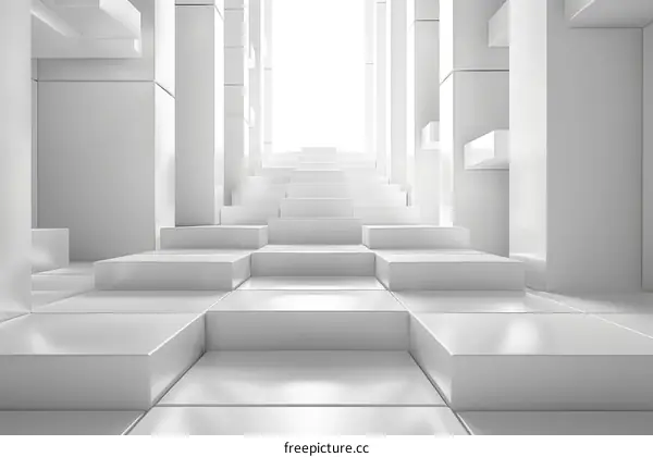 Abstract White Geometric Background with Ascending Steps and Light