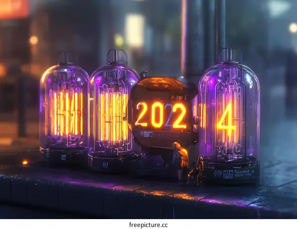 Neon 2024 Clock with Figures in a Futuristic City