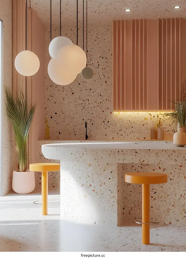 Modern Minimalist Kitchen Interior Design with Terrazzo Countertop and Geometric Pendant Lights