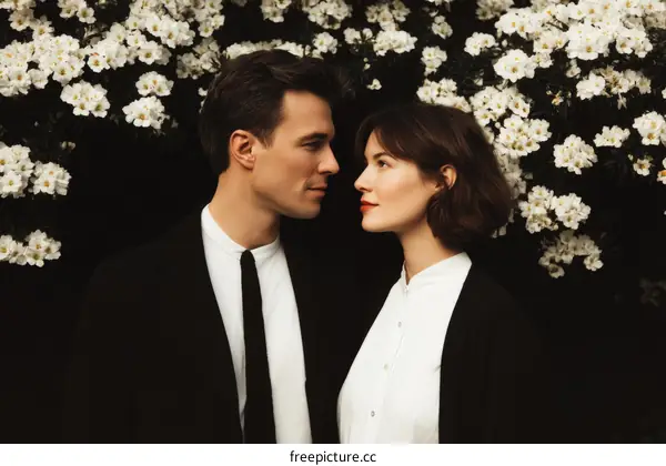 Couple in Elegant Black and White Outfits against a Floral Background