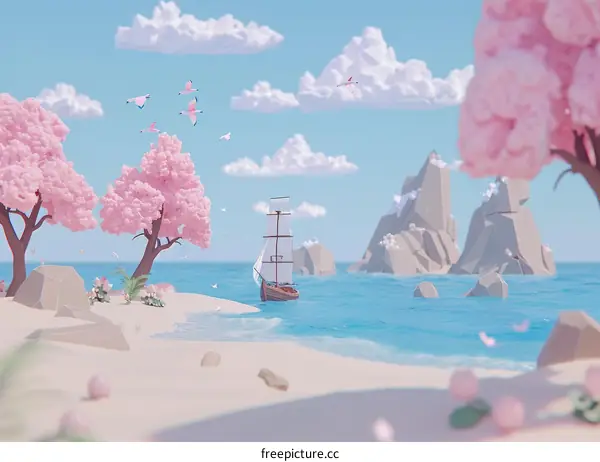 Imaginative pink seascape with polygonal trees and a boat