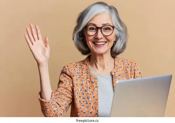 Smiling Senior Woman Waving and Using Laptop