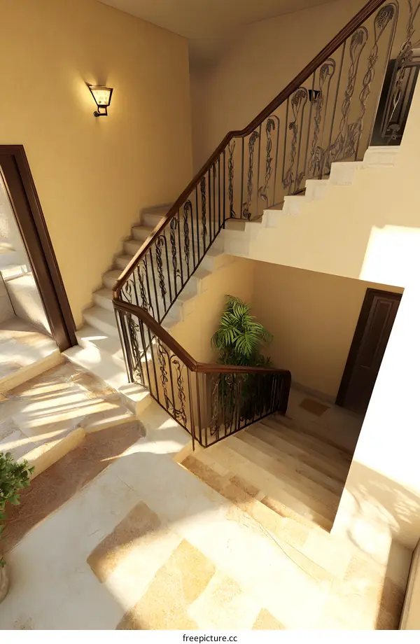 Elegant Ornate Staircase Interior Design With Wrought Iron Railings And Light