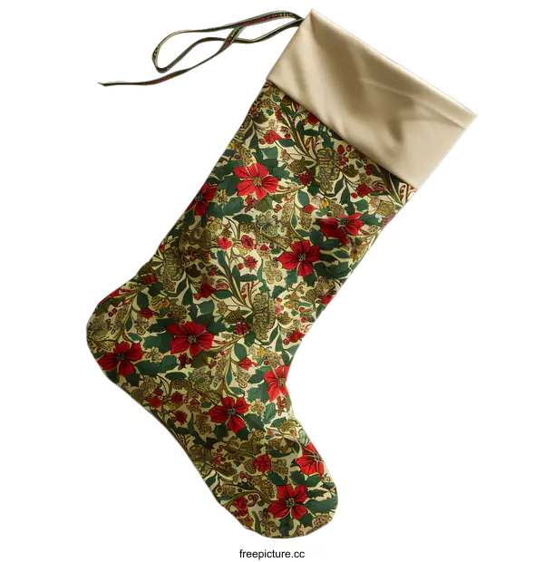 [Transparent Background PNG]Floral Christmas Stocking with Cream Cuff