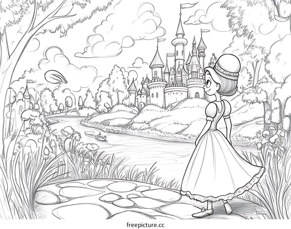 Princess Exploring the Enchanting Castle Landscape Sketch