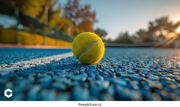 Tennis Ball Close-Up on Blue Court in Sunset