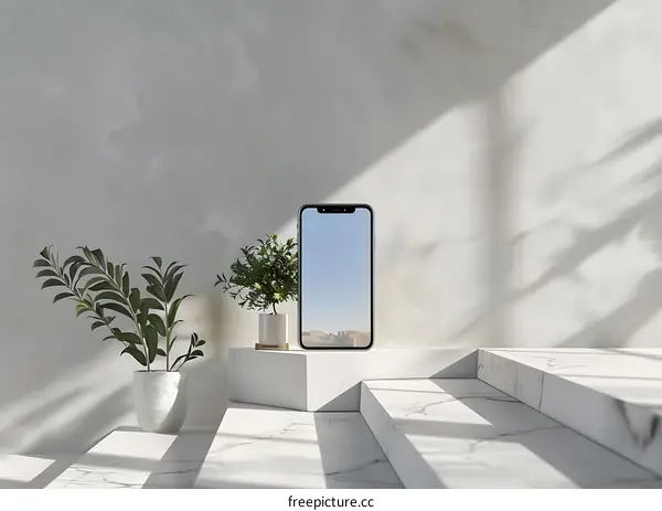Minimalist Phone Mockup with White Platform and Plants
