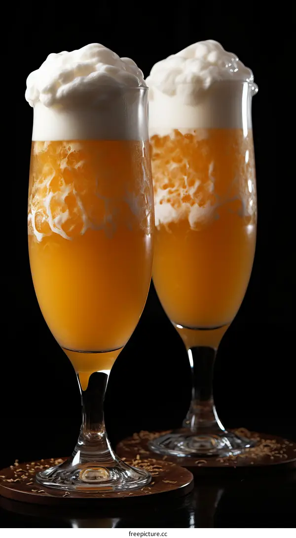 Two glasses of beer with a lot of foam on a black background
