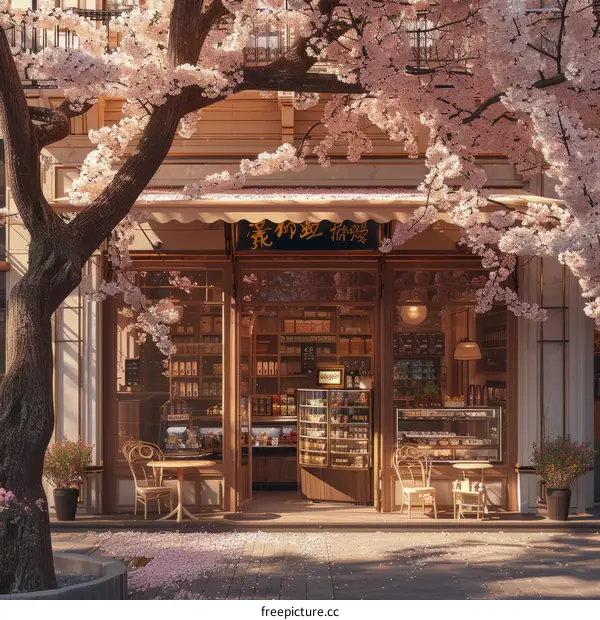 Store Front of a Japanese Cafe in Kyoto with Cherry Blossoms