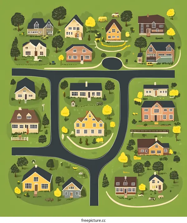 Charming Suburban Neighborhood Illustration