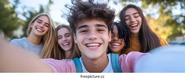 Happy Group of Friends Taking a Selfie Outdoors
