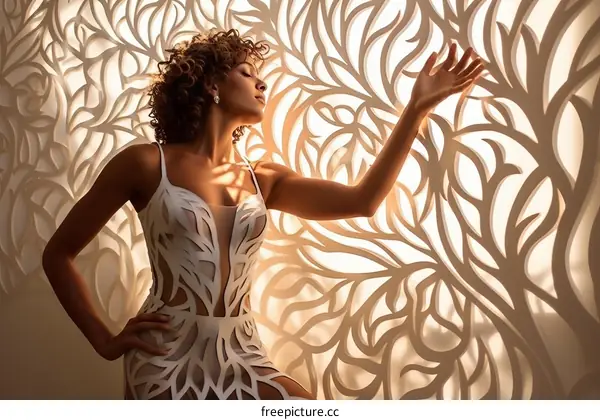 Elegant woman of color posing in front of a patterned wall