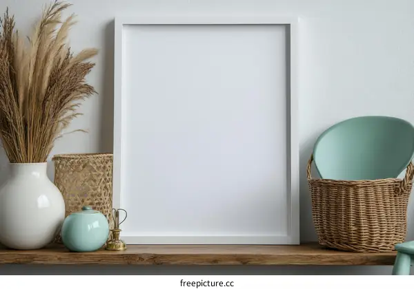 Empty White Frame on Wooden Shelf with Decor