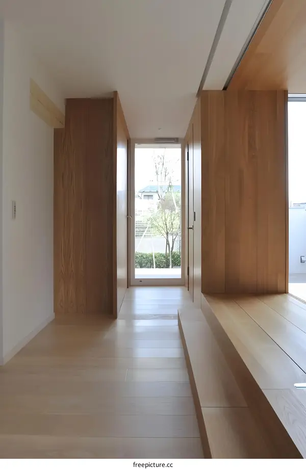 Minimalist Wooden Hallway with Glass Door Leading to Backyard