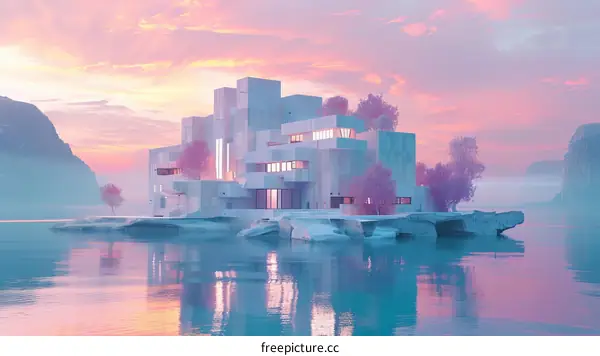 Futuristic Lakeside House with Cherry Blossom Trees