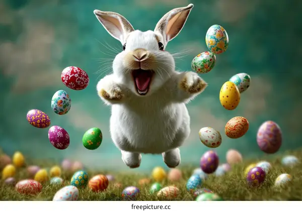 Easter Bunny Jumping with Colorful Eggs
