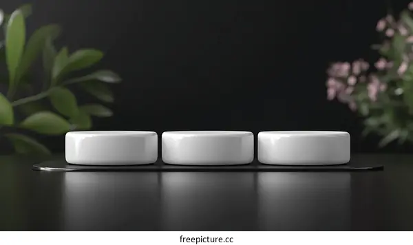 Three White Cylindrical Podiums on a Dark Surface with Plants