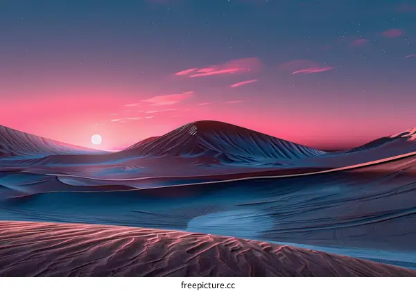 Desert landscape with blue and purple hues and a large moon in the background