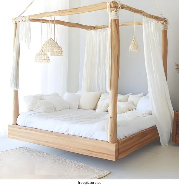 Wooden Canopy Bed with White Bedding and Rattan Lamps