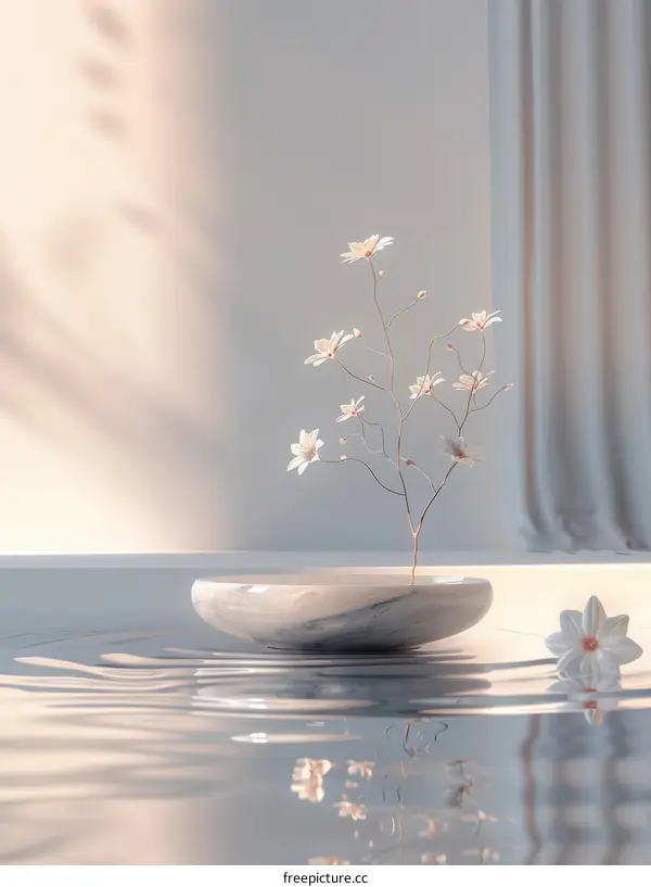 3D rendering of a flower in a marble bowl with water and a curtain in the background