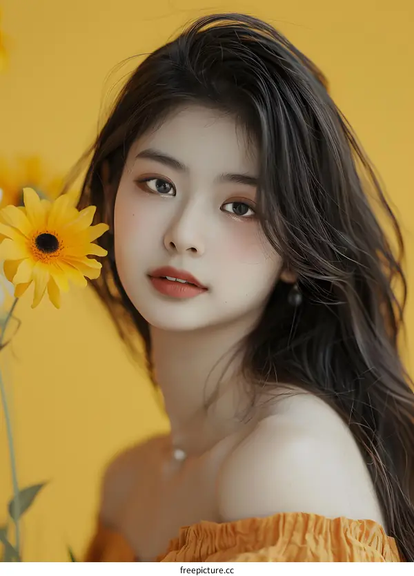 Beautiful Asian Woman with Flowers in Her Hair