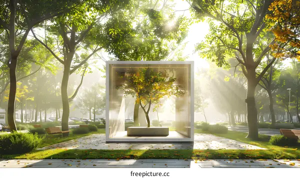 Minimalist Glass Cube Structure Enclosing a Tree in a Park Setting