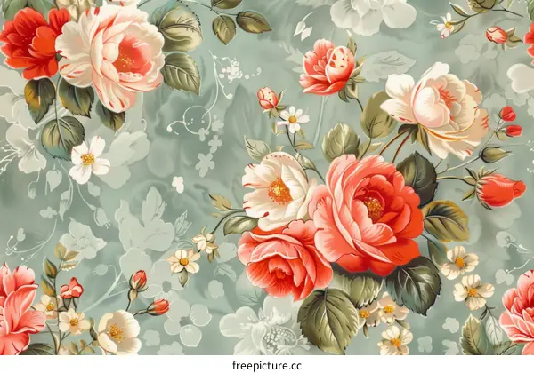 Vintage floral pattern with red and white roses