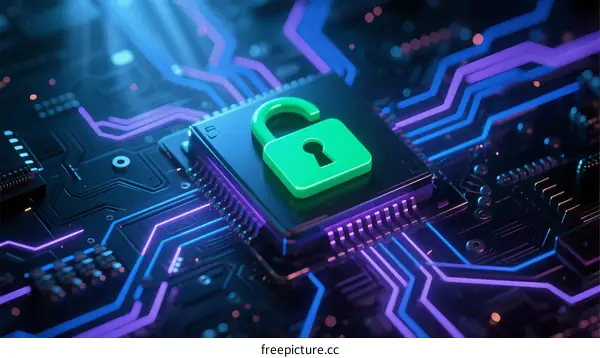 Green Padlock on Circuit Board: Cybersecurity Concept