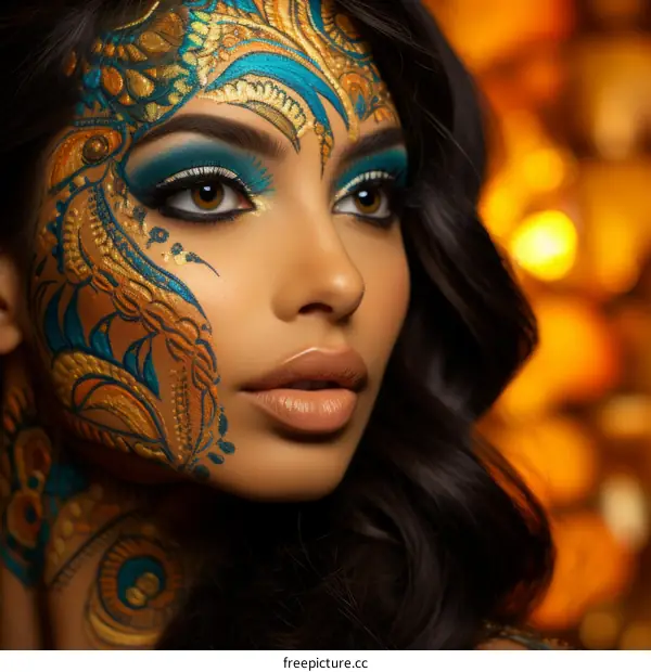 A Woman with Golden and Blue Face Makeup