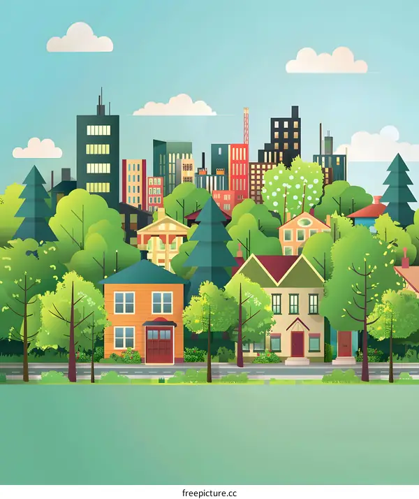 Green Cityscape With Houses and Buildings